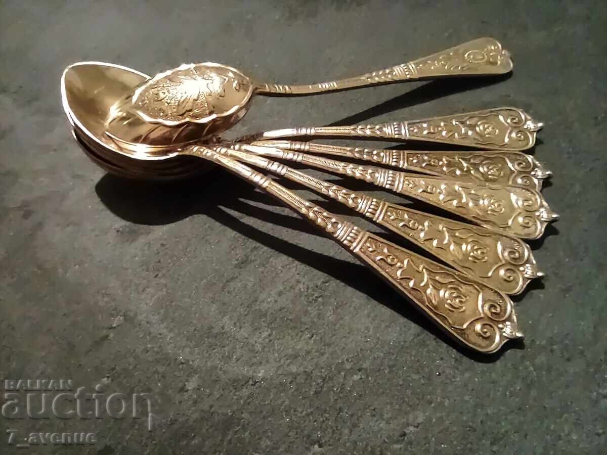 Tacâmuri, lingurițe pentru cafea și ceai, ștampila NS, aurire, 8.11..25