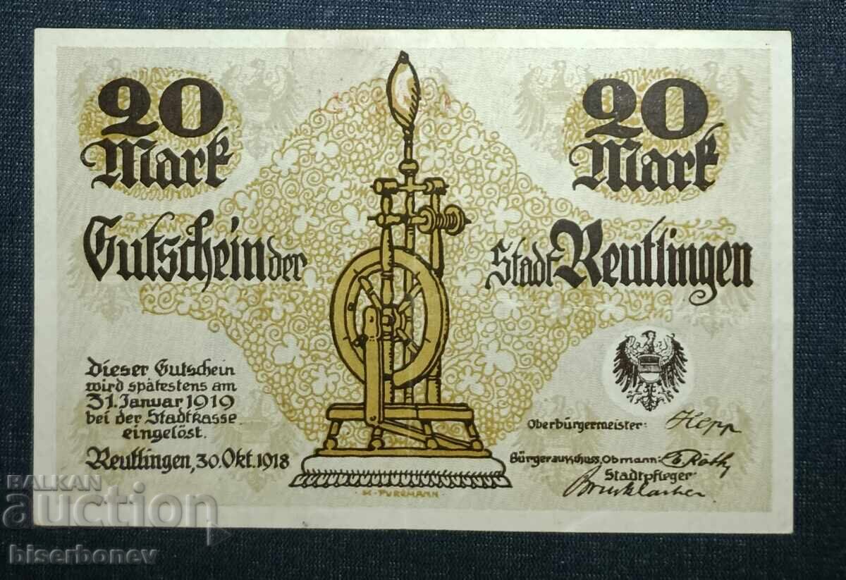 Germany, Германия, Райтлинген 20 марки ,1918 г, XF Germany, Германия, Райтлинген 20 марки ,1918 г, XF