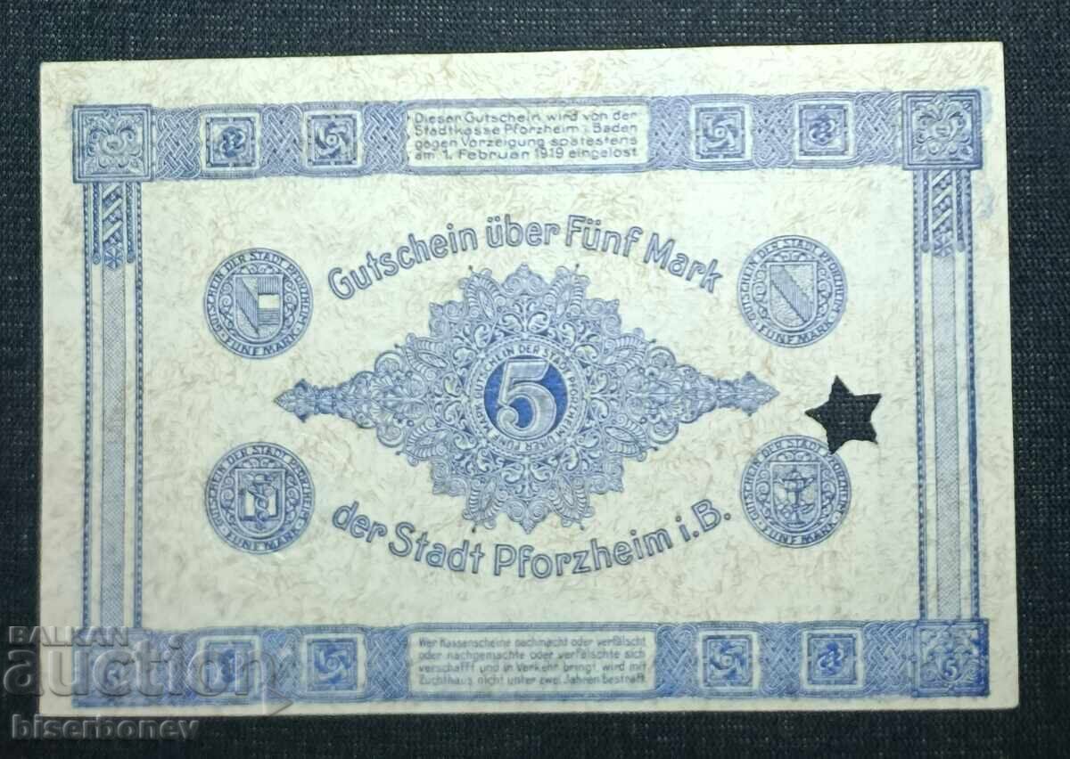 Γερμανία, Γερμανία, Πφόρτσχαϊμ 5 μάρκα, 1918, aUNC με τιμή 8.00 BGN | € 4.09