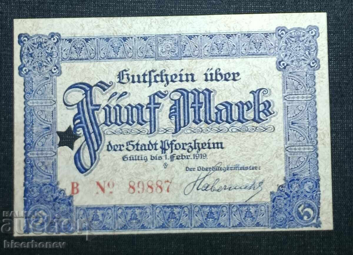 Γερμανία, Γερμανία, Πφόρτσχαϊμ 5 μάρκα, 1918, aUNC