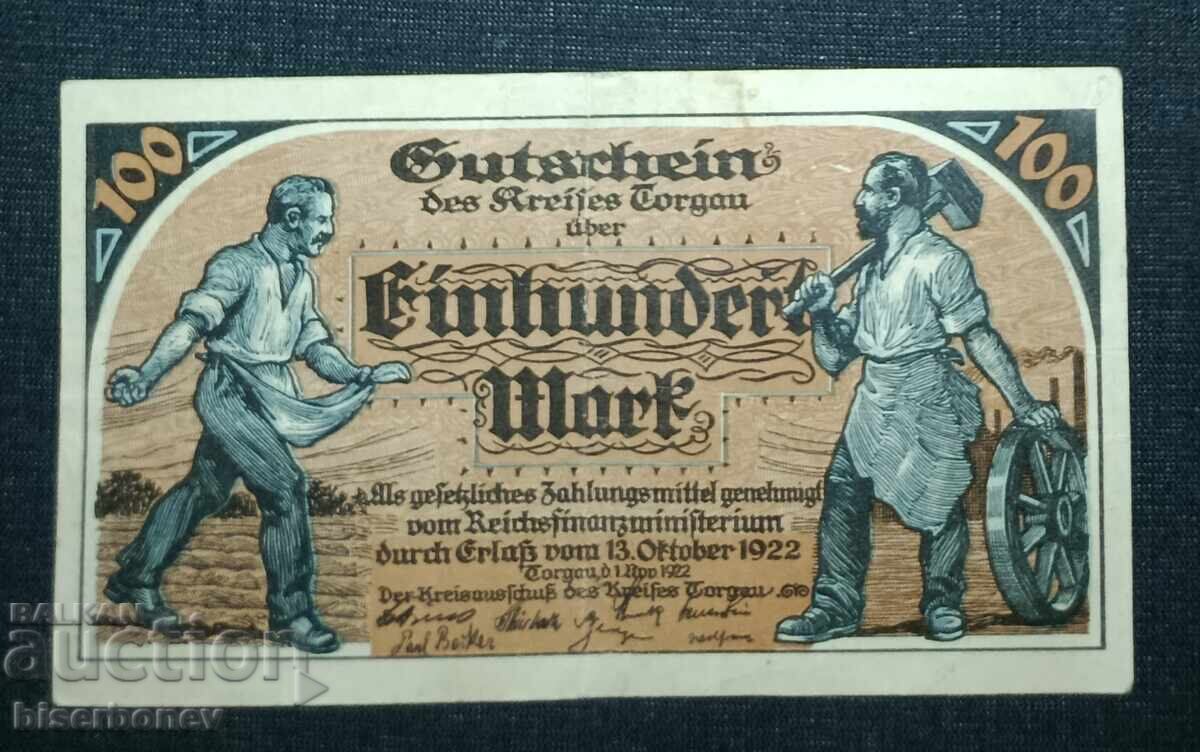 Germania, Torgau 100 mărci, 1922, VF Germania, Torgau 100 mărci, 1922, VF