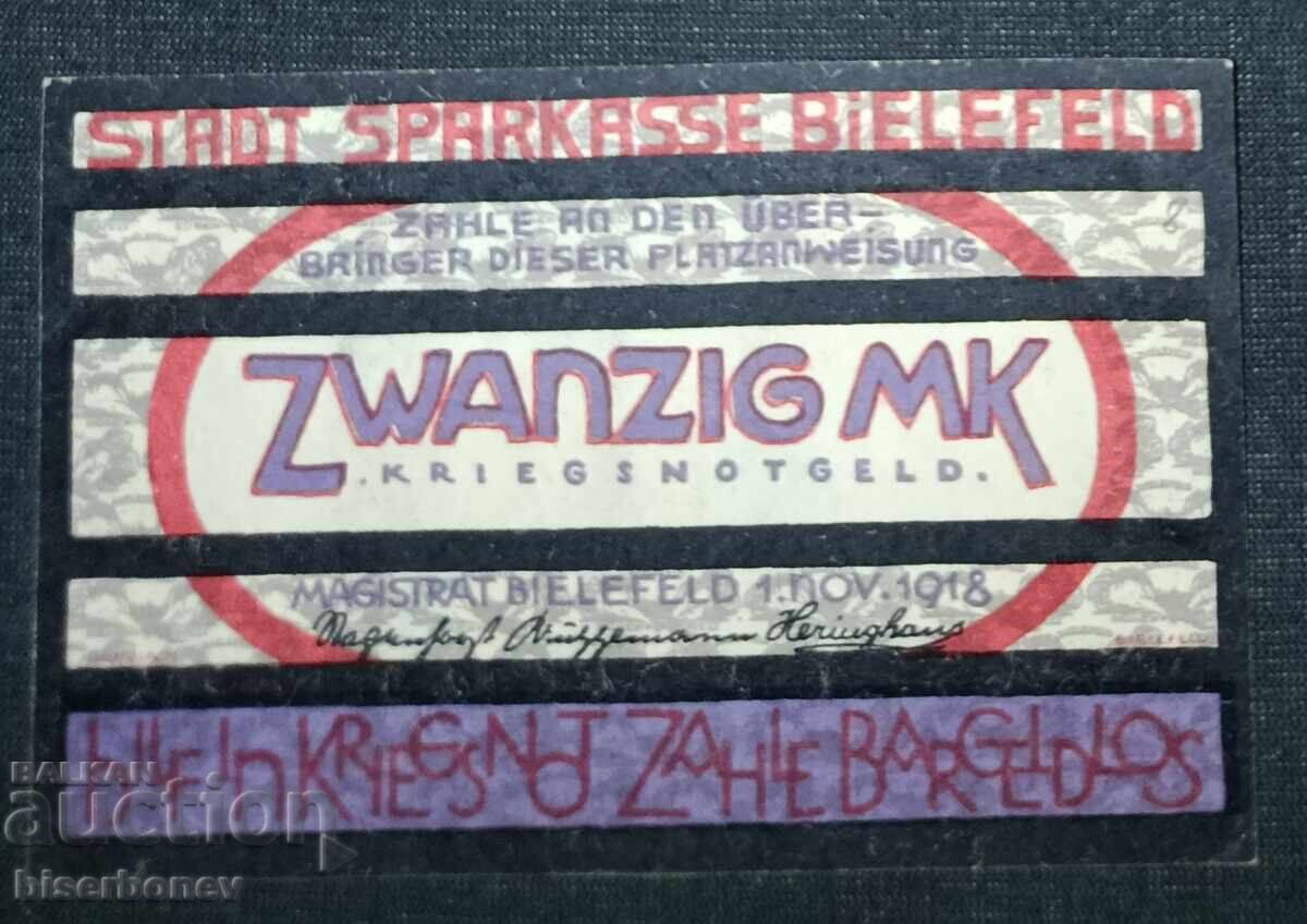 Germania, Bielefeld 20 mărci, 1918, aUNC cu preț 13.00 BGN | € 6.65