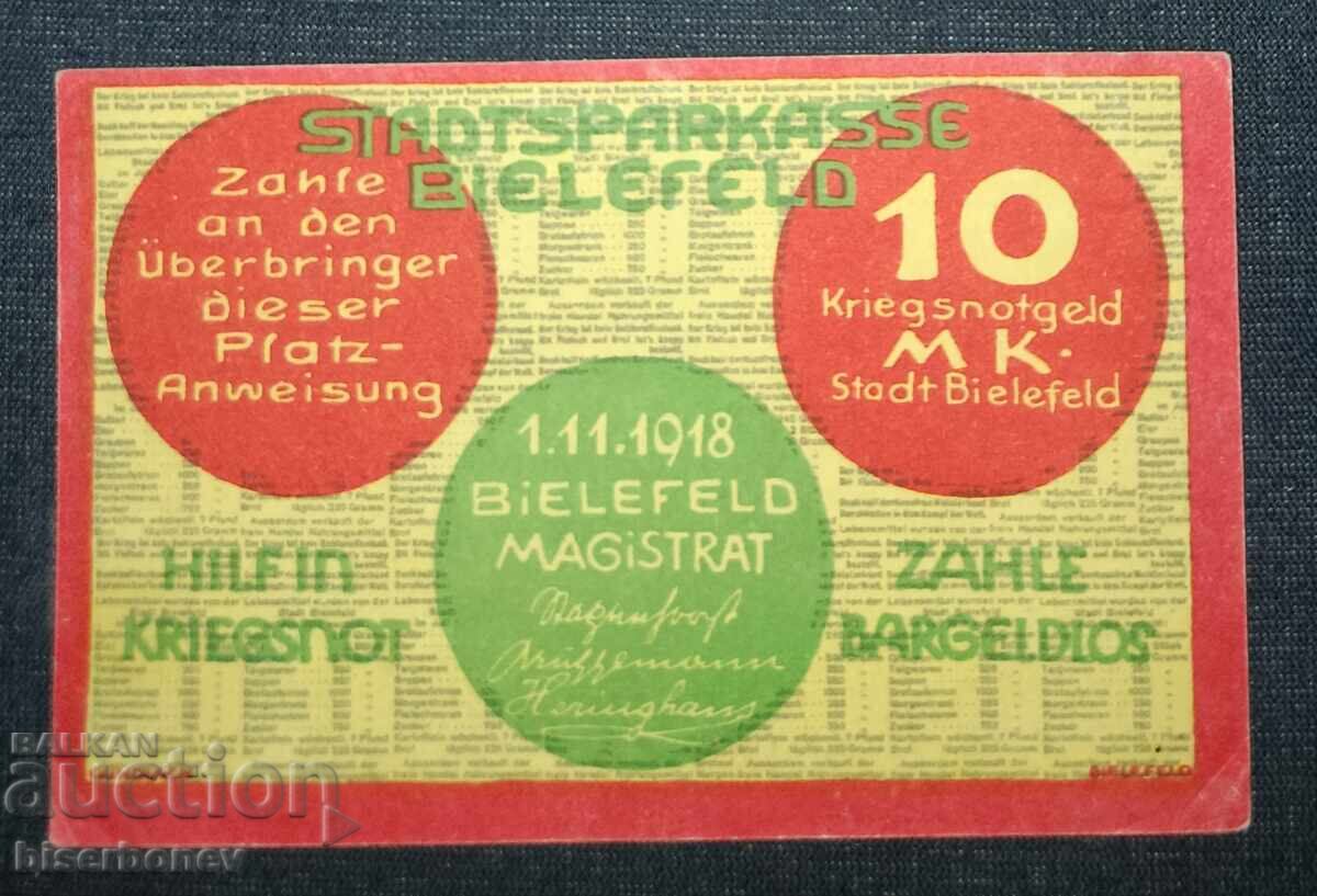 Germania, Bielefeld 10 mărci, 1918, aUNC cu preț 13.00 BGN | € 6.65