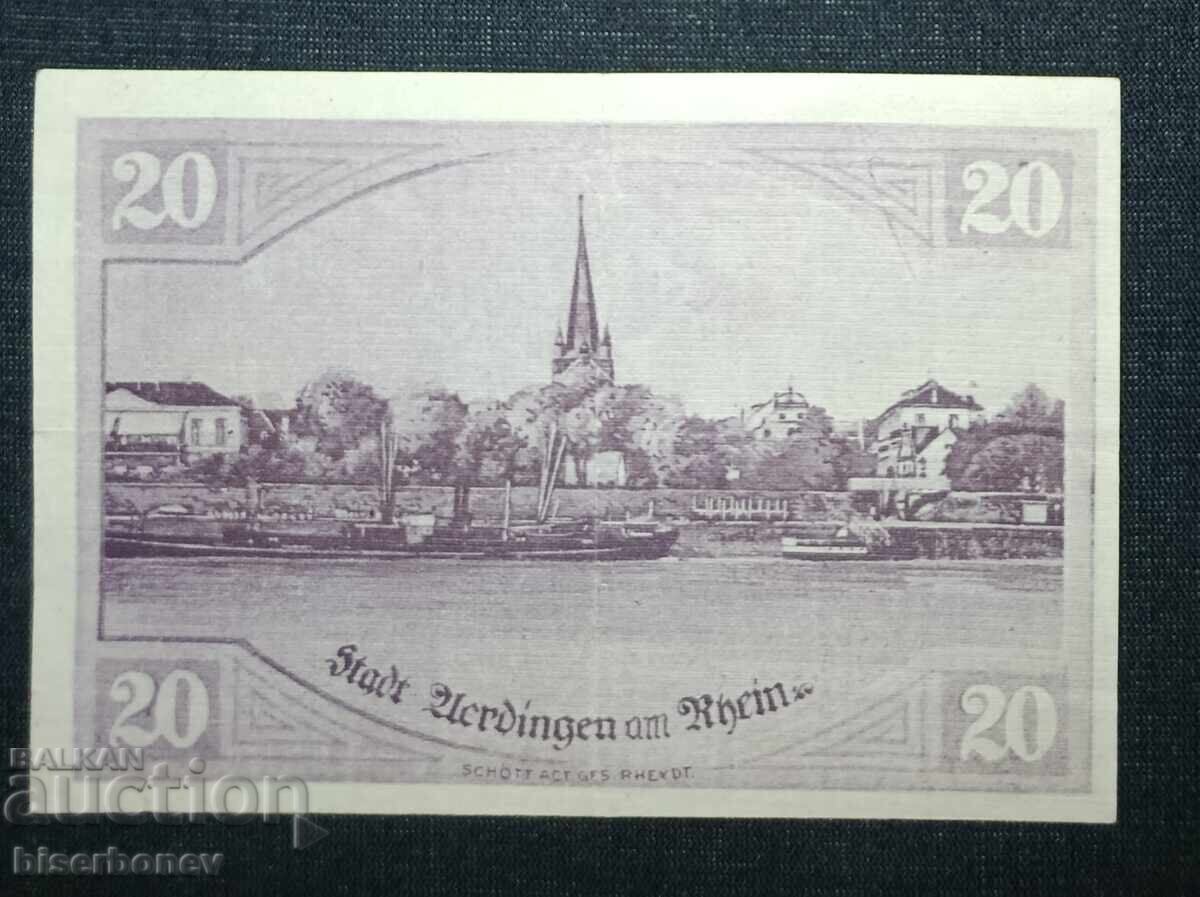 Germania, Germania, Uerdingen 20 mărci, 1918, VF/XF cu preț 16.00 BGN | € 8.18