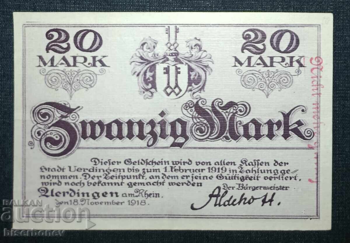 Germania, Germania, Uerdingen 20 mărci, 1918, VF/XF