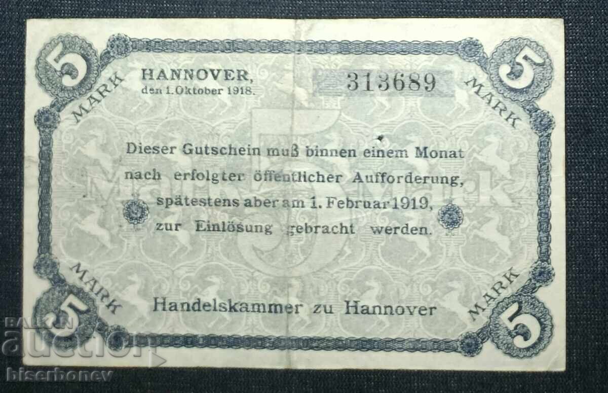 Germania, Hanovra 5 mărci, 1918, VF cu preț 9.00 BGN | € 4.60