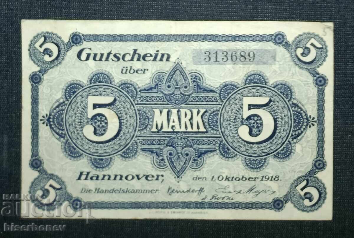 Germania, Hanovra 5 mărci, 1918, VF