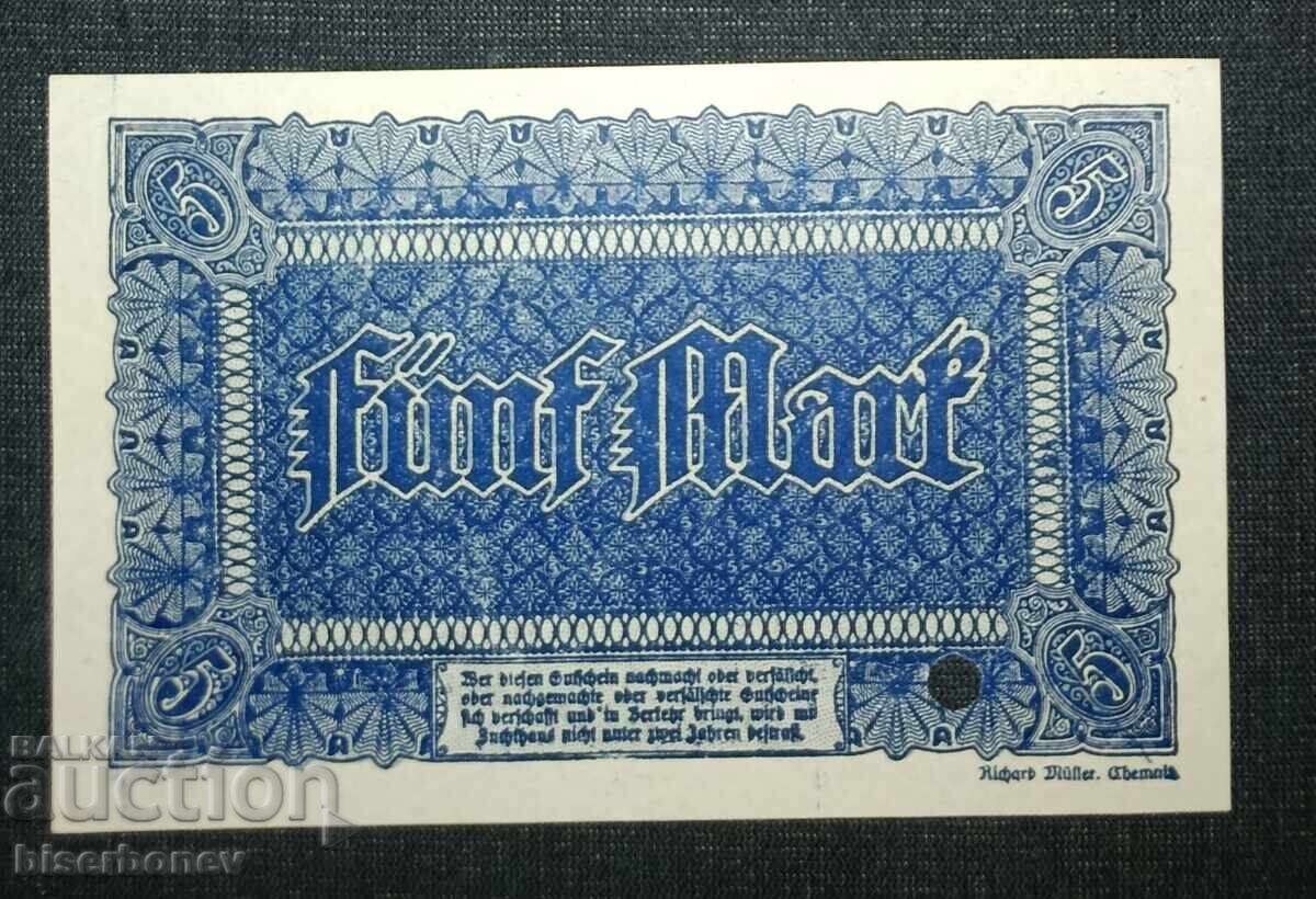 Germany, Chemnitz 5 Mark, 1918, UNC with price 12.00 BGN | € 6.14