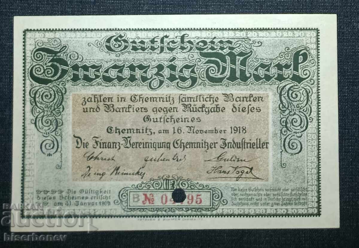 Germany, Chemnitz 20 Marks, 1918, About Uncirculated