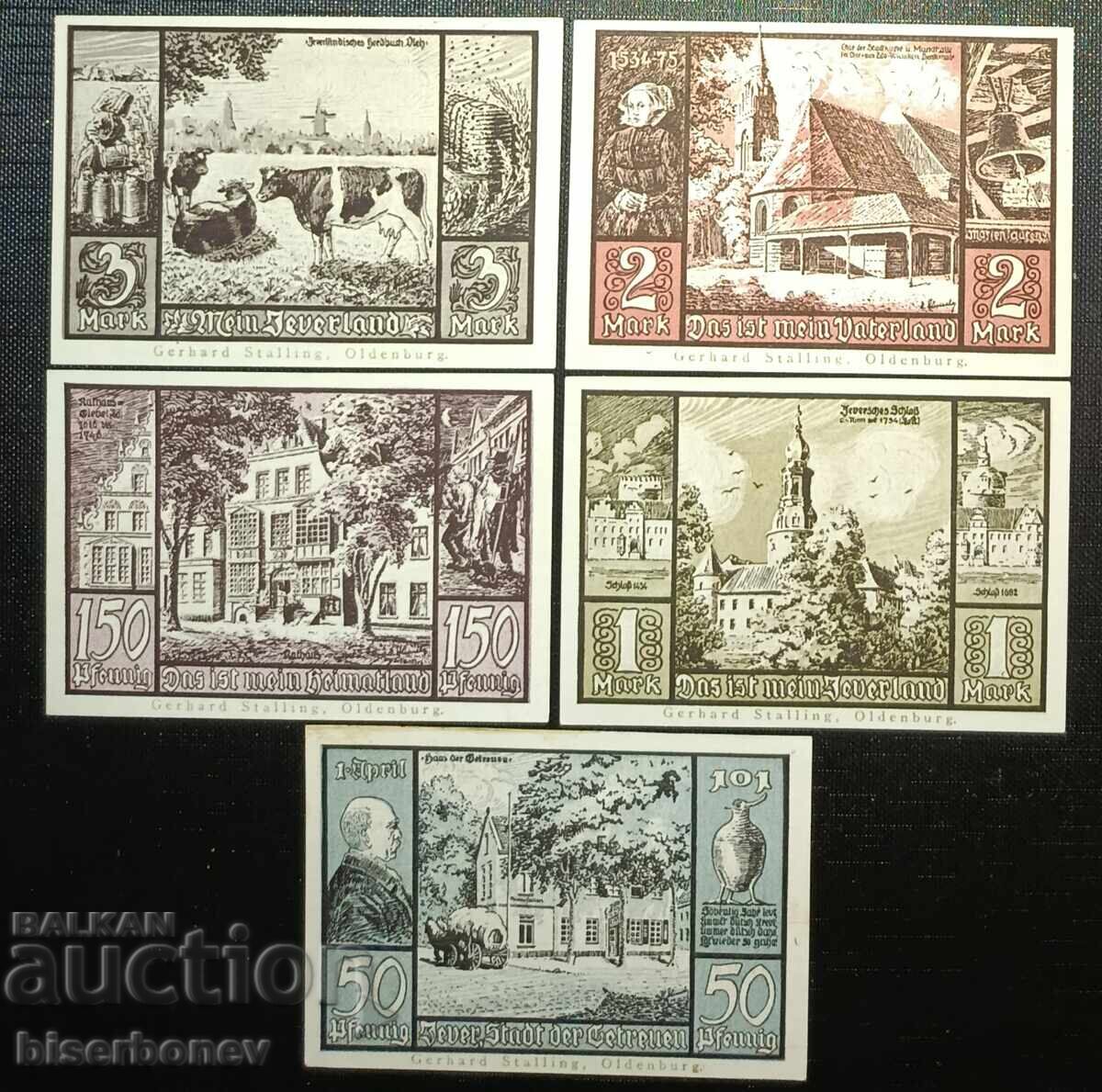 Germania, Germania, Jever - 0,⁵⁰, 1, 1⁵⁰, 2 și 3, mărci, UNC cu preț 46.00 BGN | € 23.52 Germania, Germania, Jever - 0,⁵⁰, 1, 1⁵⁰, 2 și 3, mărci, UNC cu preț 46.00 BGN | € 23.52