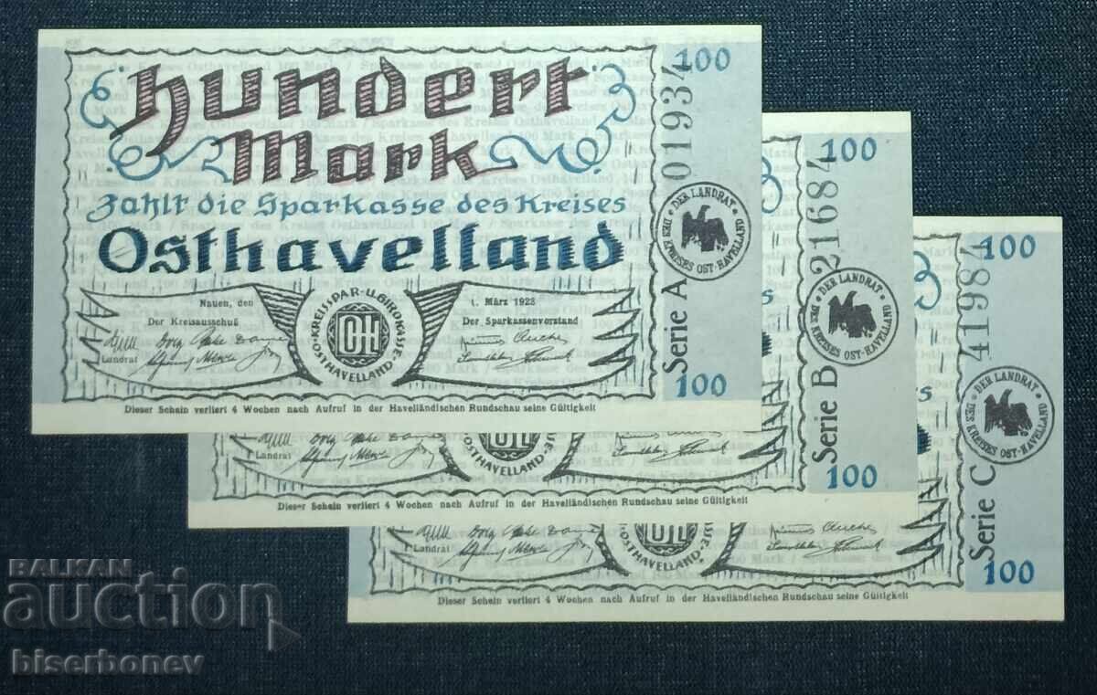 Germany, Германия, Остхавеланд 3 х 100  марки ,1922 г, UNC