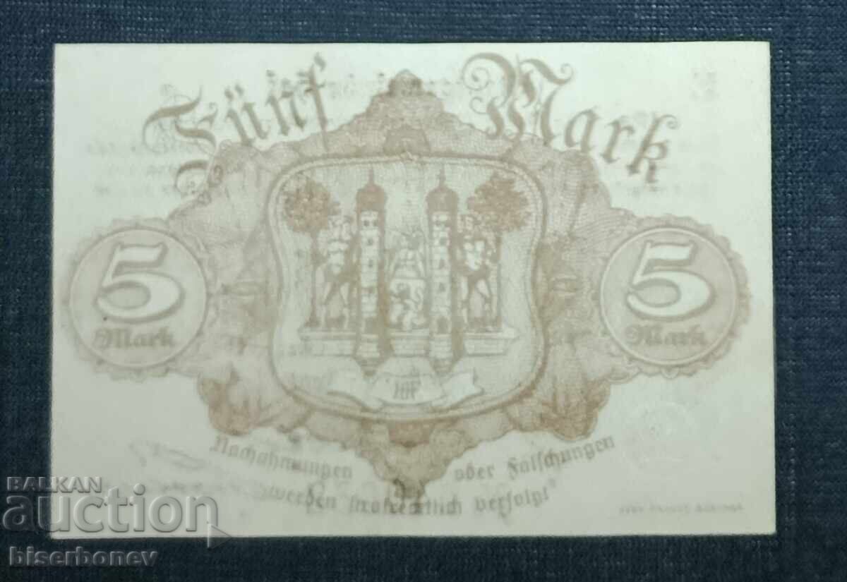 Germania, Germania, Hof 5 mărci, 1918, UNC cu preț 12.00 BGN | € 6.14