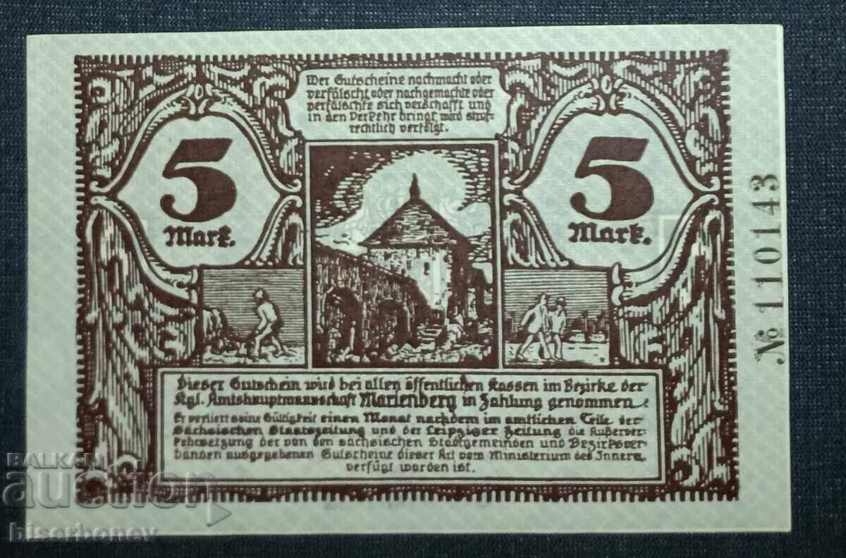 Γερμανία, Γερμανία, Μαρίενμπεργκ 5 μάρκα, 1918, UNC με τιμή 14.00 BGN | € 7.16