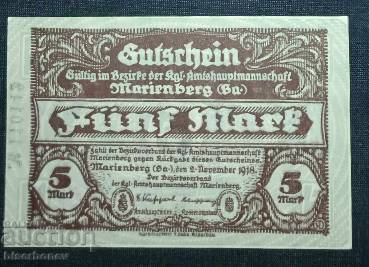 Γερμανία, Γερμανία, Μαρίενμπεργκ 5 μάρκα, 1918, UNC