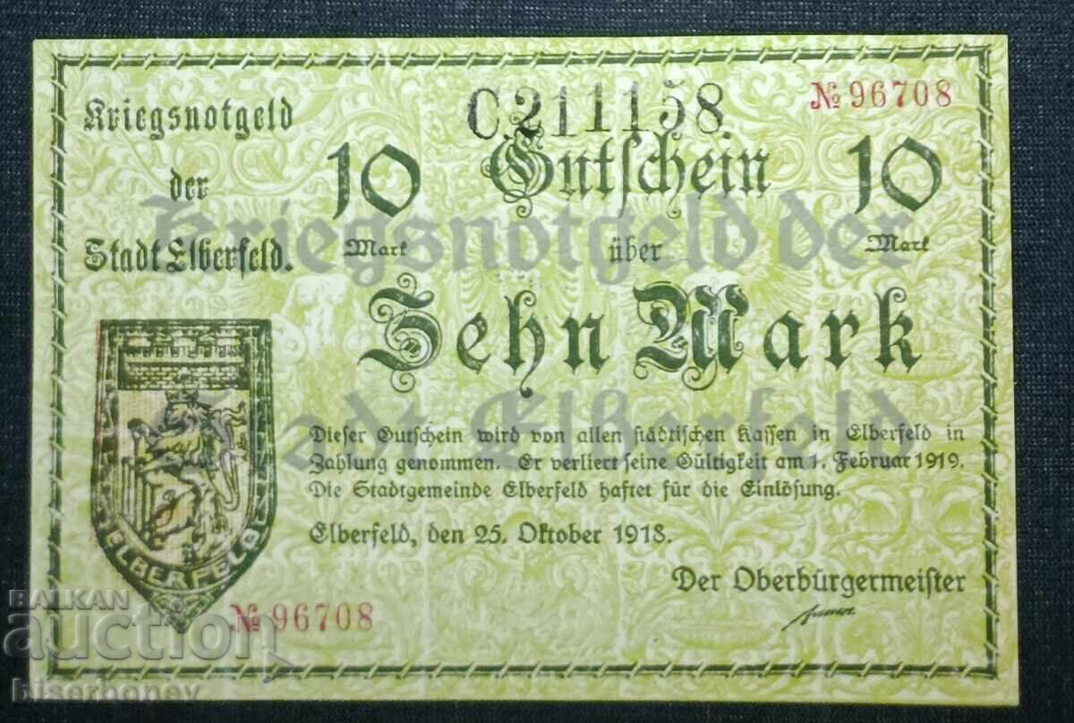 Γερμανία, Γερμανία, Έλμπερφελντ 10 μάρκα, 1918, UNC