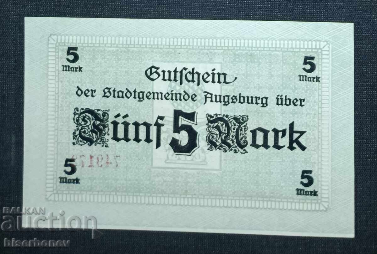 Germany, Germany, Augsburg 5 Marks, 1918, UNC with price 13.00 BGN | € 6.65
