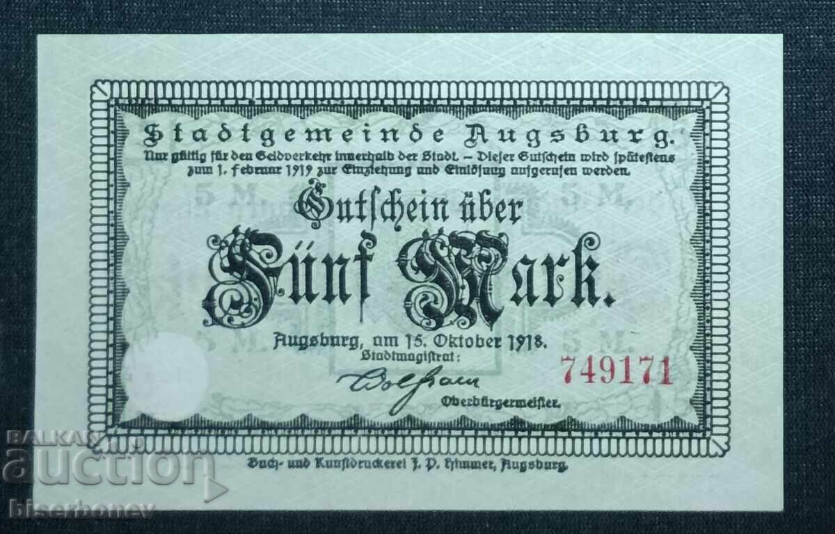 Germany, Germany, Augsburg 5 Marks, 1918, UNC