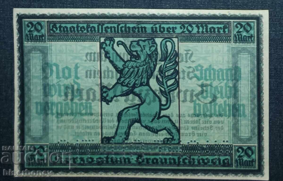 Γερμανία, Γερμανία, Braunschweig 20 μάρκα, 1918, aUNC++ με τιμή 12.00 BGN | € 6.14