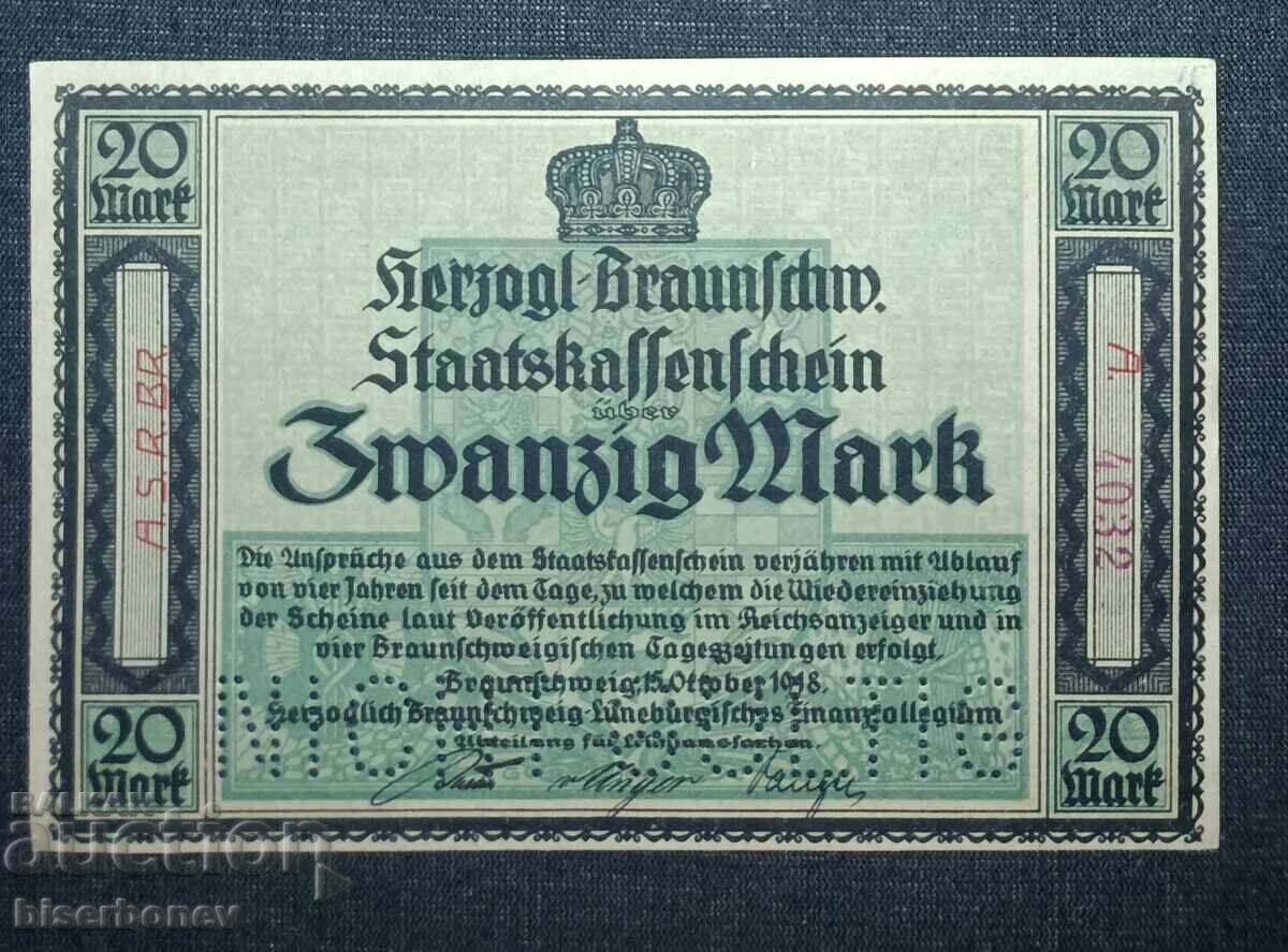 Γερμανία, Γερμανία, Braunschweig 20 μάρκα, 1918, aUNC++
