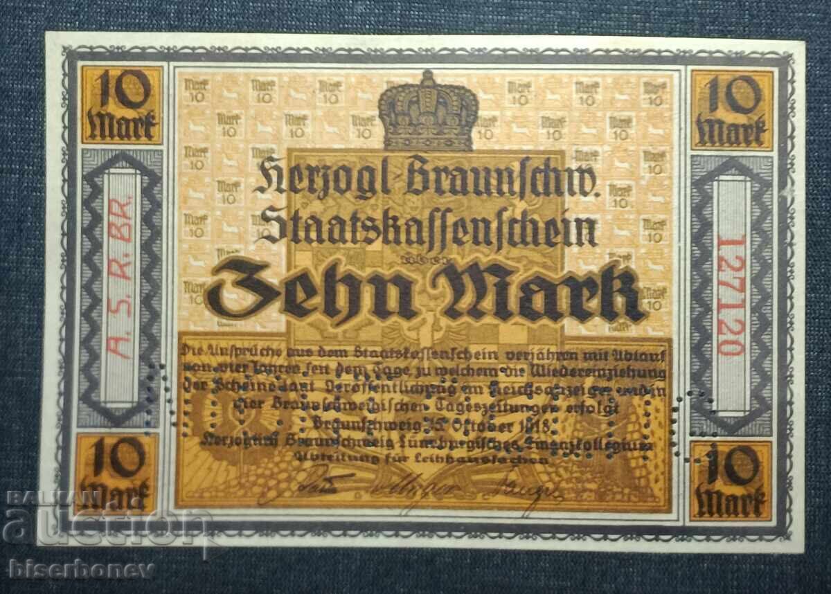 Germany, Германия, Брауншвайг 10  марки ,1918 г, аUNC++
