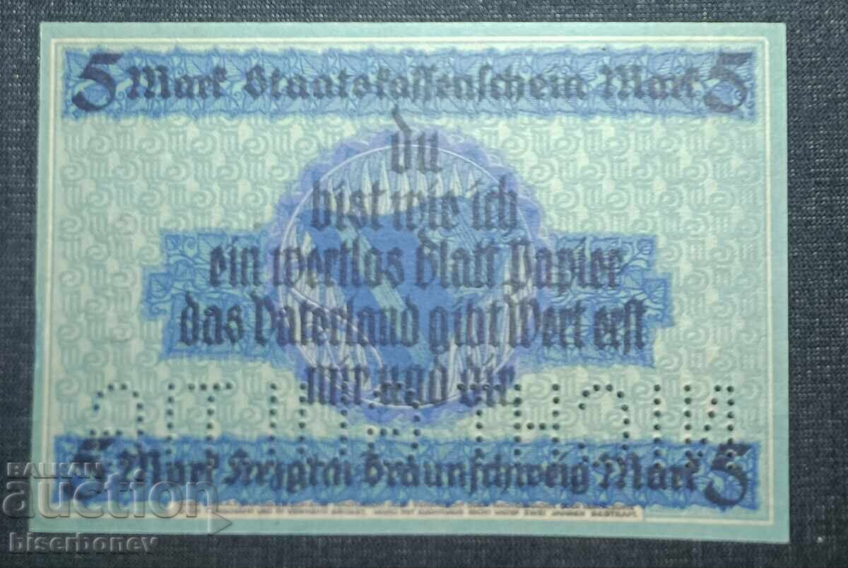 Germany, Braunschweig 5 Mark, 1918, aUNC++ with price 10.00 BGN | € 5.11
