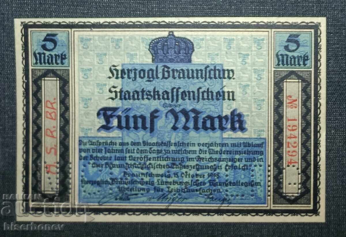 Germany, Braunschweig 5 Mark, 1918, aUNC++
