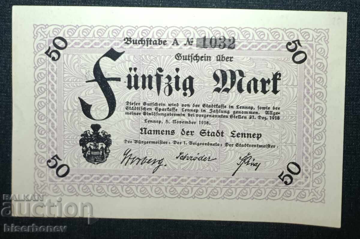 Germany, Германия, Леннеп 50  марки ,1918 г, аUNC++