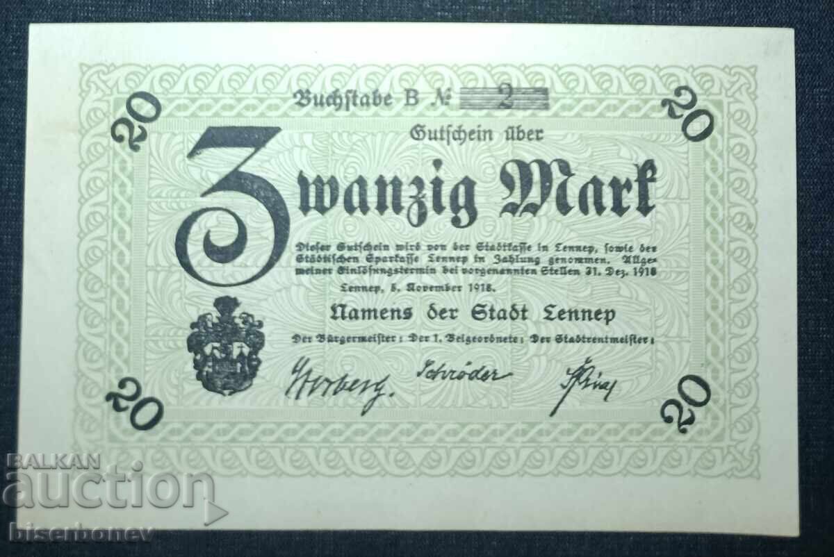 Germania, Germania, Lennepp 20 mărci, 1918, aUNC++ Germania, Germania, Lennepp 20 mărci, 1918, aUNC++