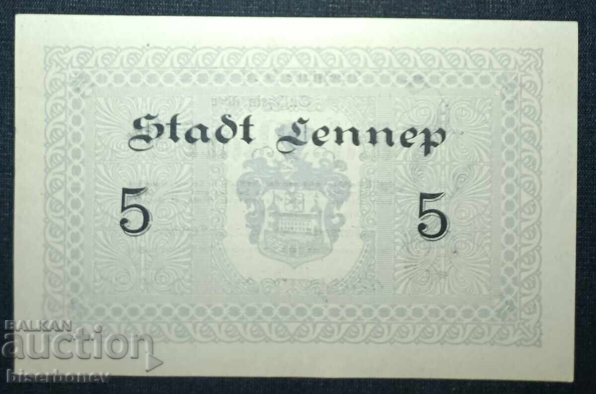 Γερμανία, Γερμανία, Λέννεπ 5 μάρκα, 1918, aUNC++ με τιμή 10.00 BGN | € 5.11
