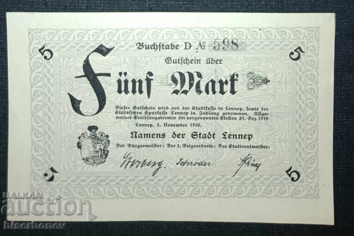 Γερμανία, Γερμανία, Λέννεπ 5 μάρκα, 1918, aUNC++