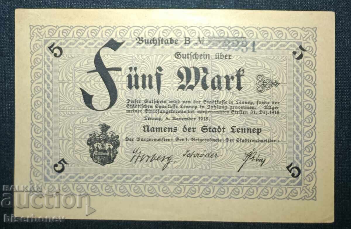 Γερμανία, Γερμανία, Λέννεπ 5 μάρκα, 1918, aUNC++