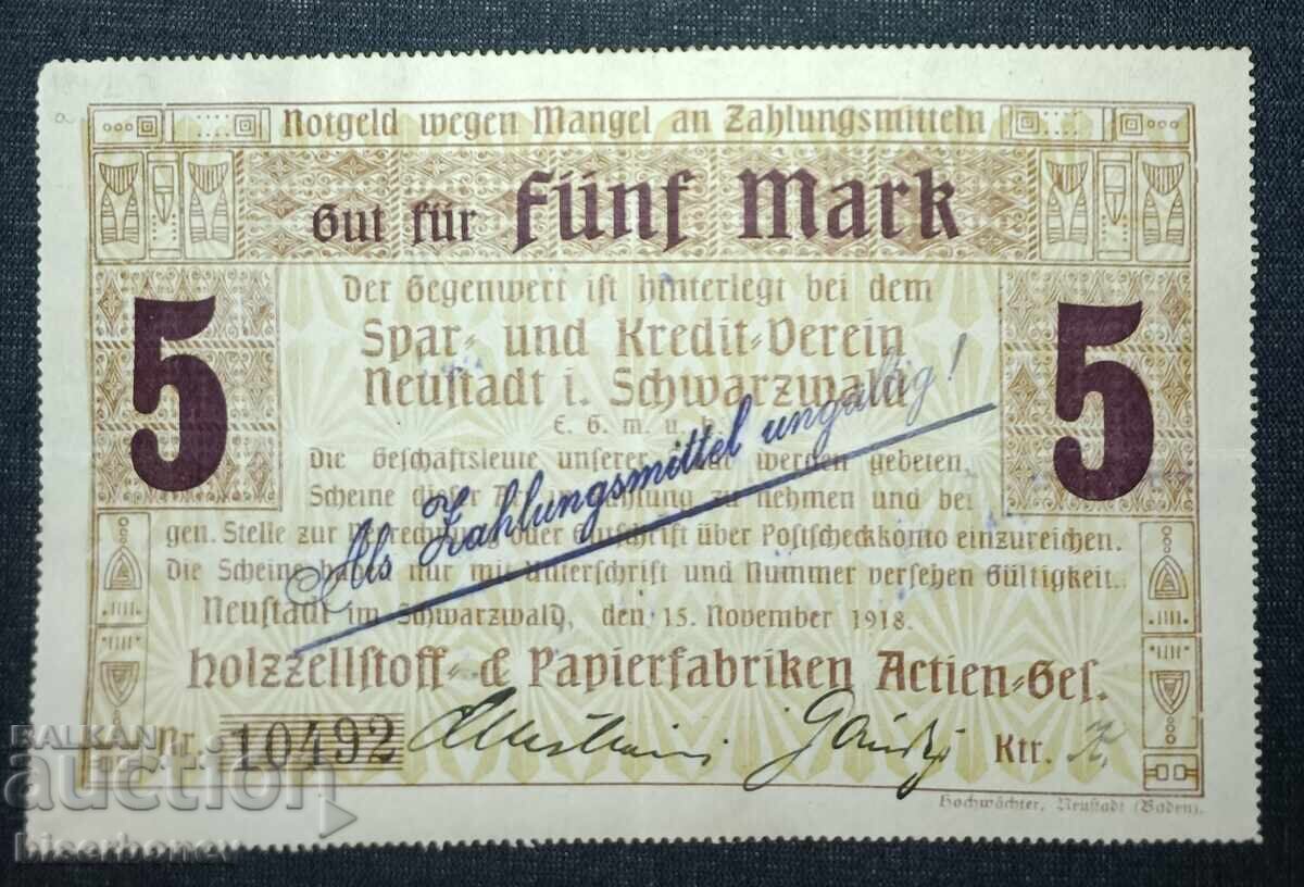 Γερμανία, Γερμανία, Neustadt Schwarzwald 5 Marks, 1918, XF