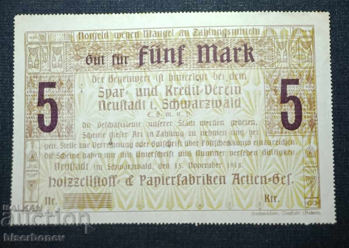 Germany, Germany, Neustadt Black Forest 5 Mark, 1918, aUNC