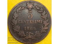 ITALY 1862 5 centesimi centesimi N - Naples