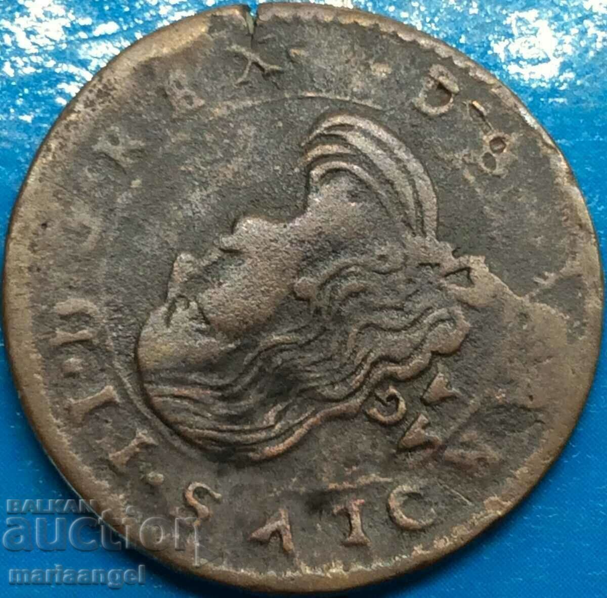 Παράδοση Naples Tornesi 1680 Ιταλία Charles II Ισπανικός 3,80g χαλκός