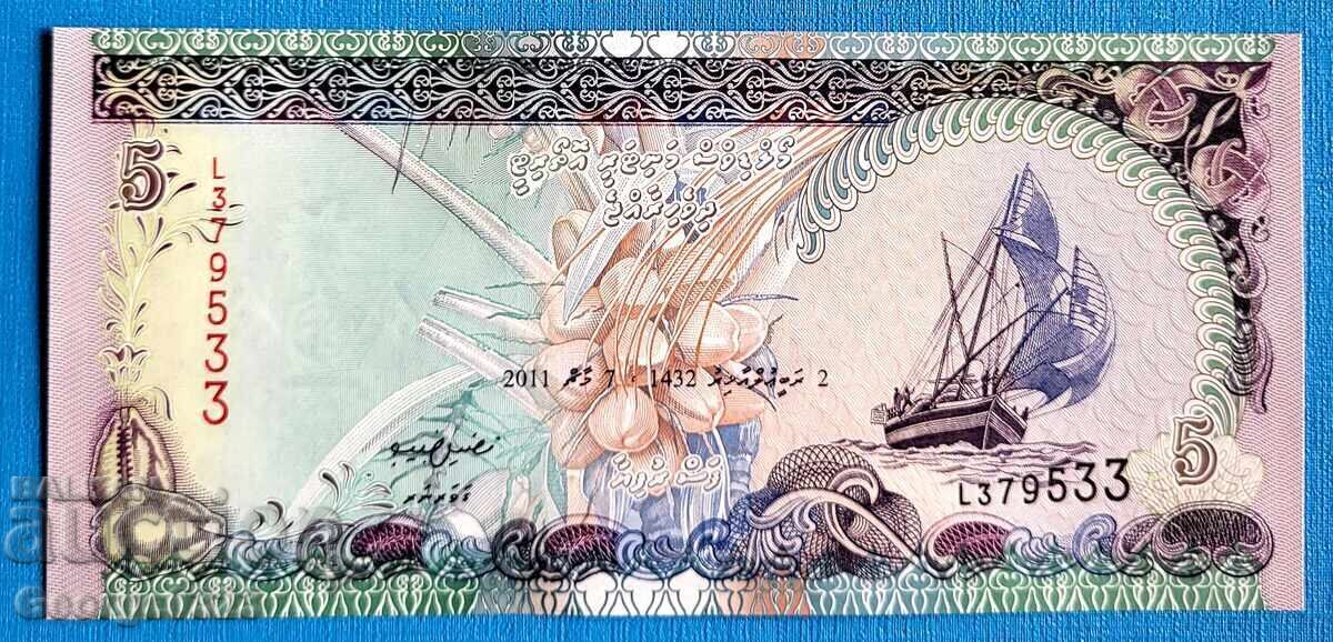 Maldive 2011 5 rupii UNC Nouă