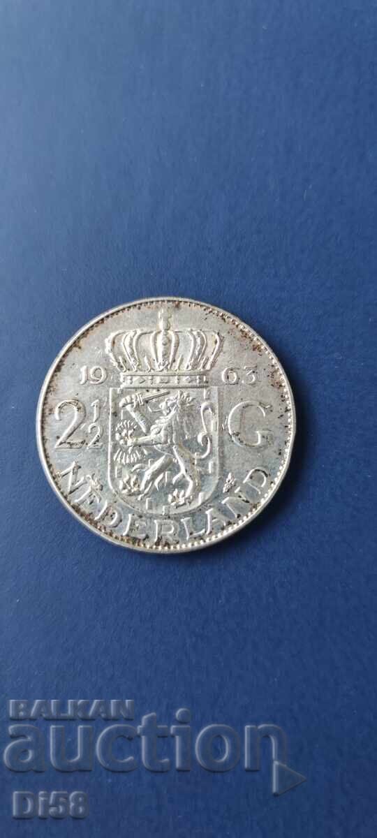 Сребърна Монета Нидерландия 2 1/2 Гулдена 1963 г БЗЦ