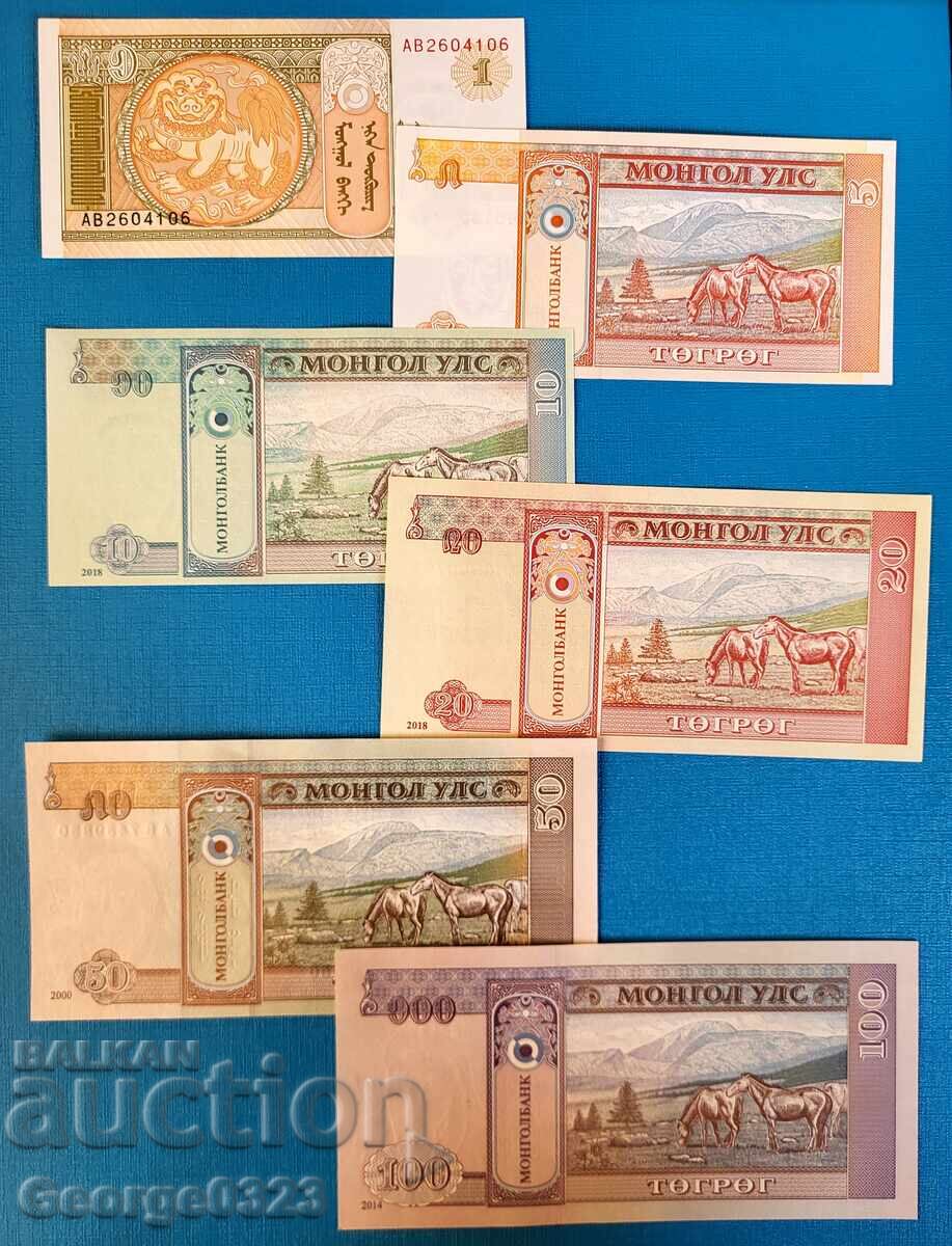 Mongolia 6 piece set 1 5 10 20 50 100 Tugrik UNC New with price 6.99 BGN | € 3.57