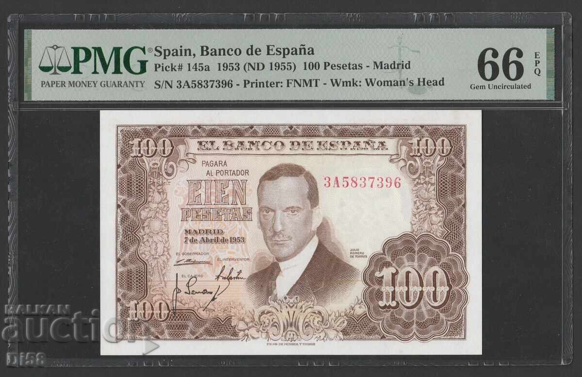 PMG 66 Банкнота 100 Песети Испания Сертифицирана 1953 г БЗЦ PMG 66 Банкнота 100 Песети Испания Сертифицирана 1953 г БЗЦ
