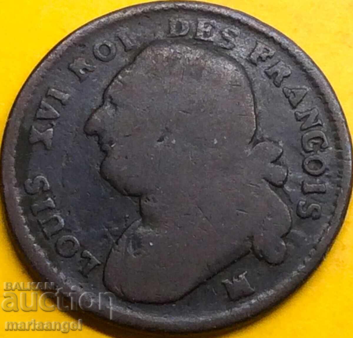 Γαλλία 1792 12 Δηνιέ M-Μασσαλία Λουδοβίκος XVI 30mm Χάλκινο