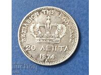 Monedă de argint Grecia 20 Lepta 1874 BZC