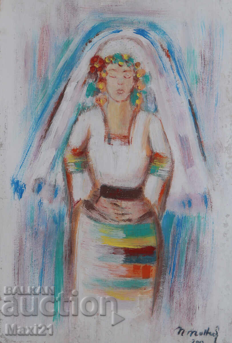 Oil painting portrait of a woman in traditional costume, signed 2012