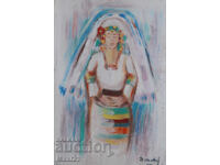 Oil painting portrait of a woman in traditional costume, signed 2012