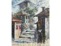 Έργο ζωγραφικής με λάδι, αστικό τοπίο, σπίτια