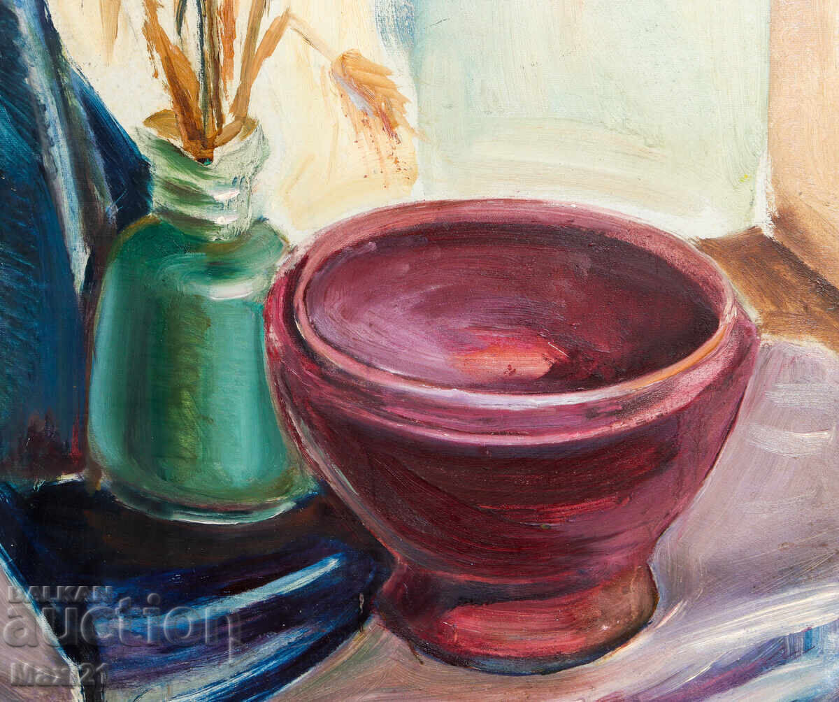 Oil painting still life vase with flowers and bowl - 5