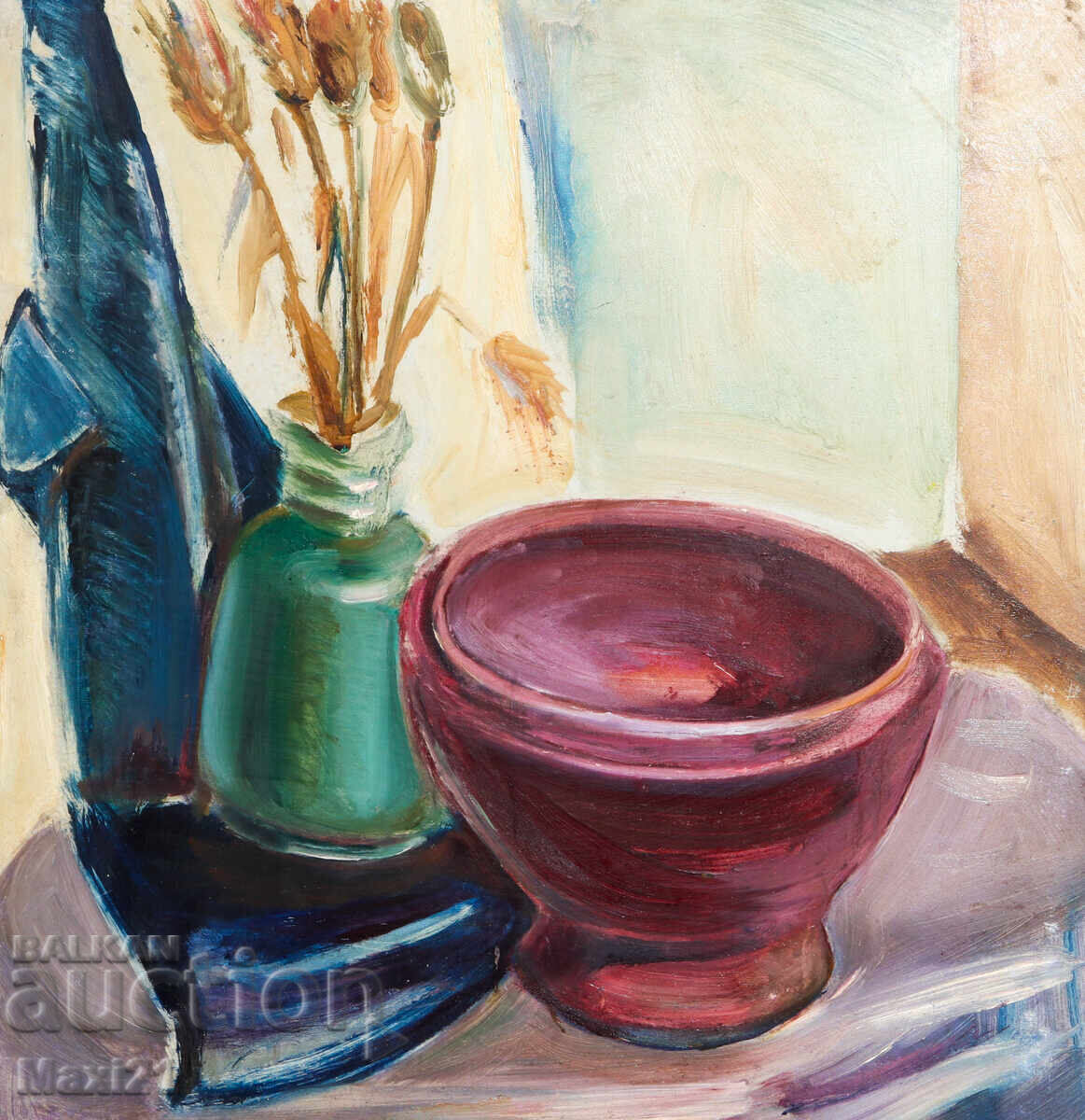 Oil painting still life vase with flowers and bowl - 7