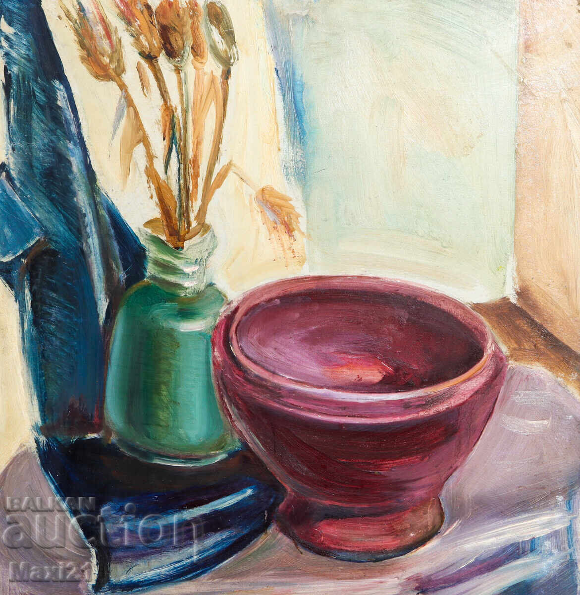 Oil painting still life vase with flowers and bowl