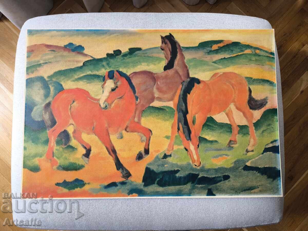 Caii roșii de Franz Marc, imprimare veche în ulei
