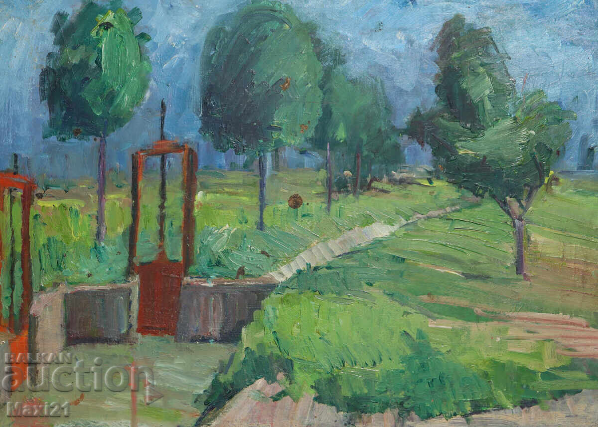 Licitație Tablou peisaj, ulei, livadă