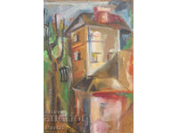 Έργο ζωγραφικής με λάδι, αστικό τοπίο, σπίτια